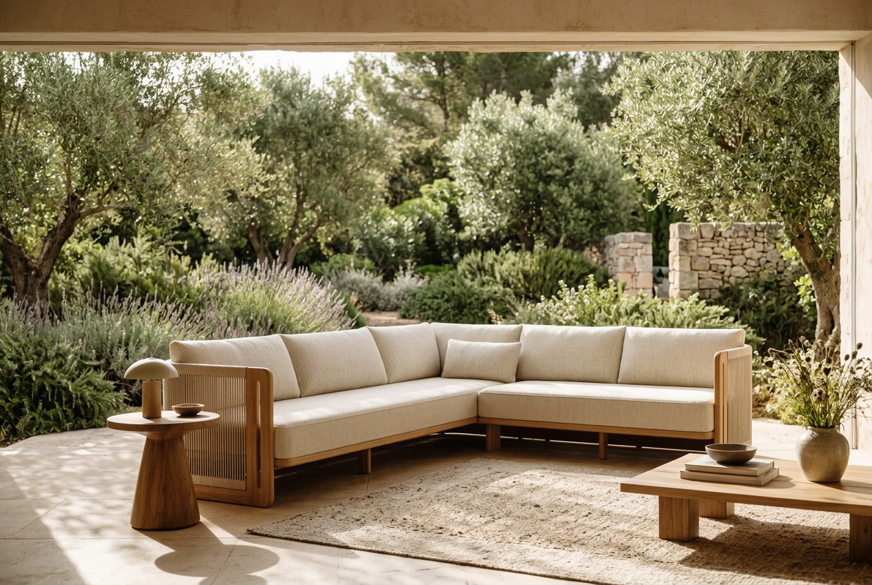 Sunlit living room with a cream sofa and teak side table
