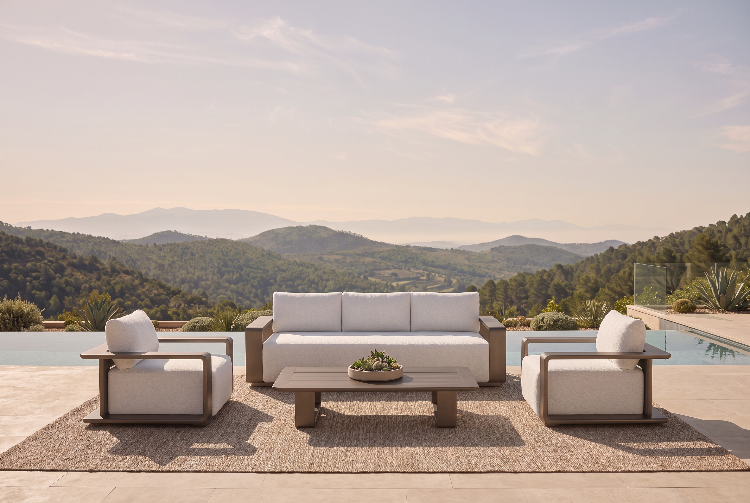 Bronze aluminum sofa set and slatted coffee table on a mountain terrace