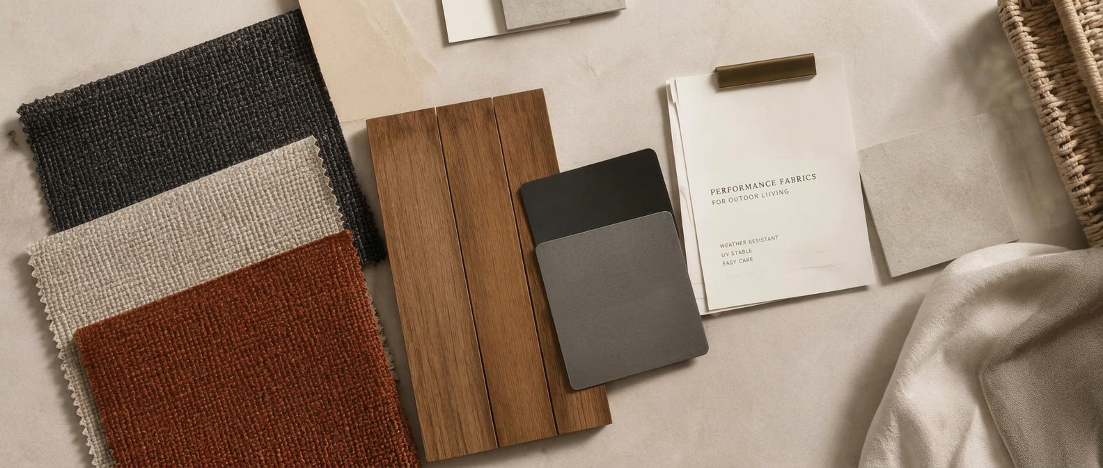 Robelle material samples: fabrics, teak finishes and aluminum