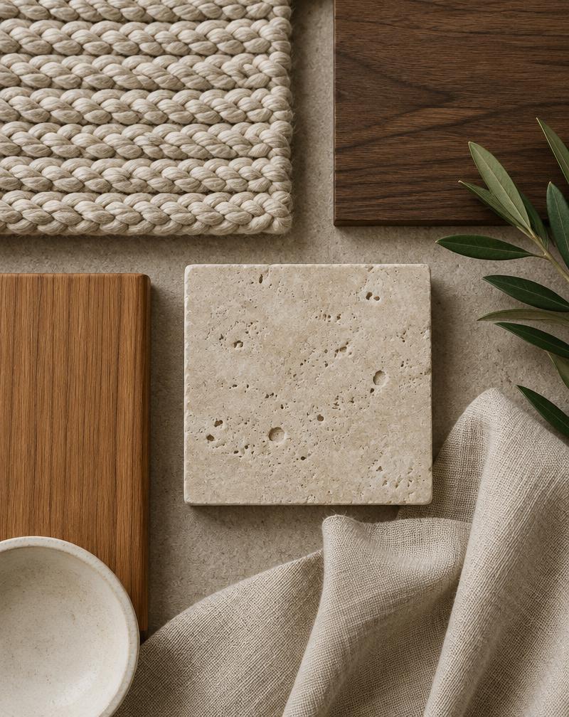 Wood, stone and woven material samples