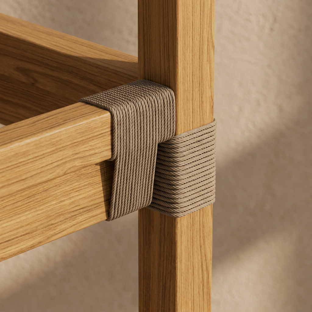Cord woven around a teak furniture joint