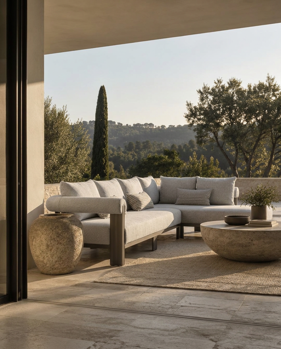 Finished terrace with an aluminum-frame sectional sofa