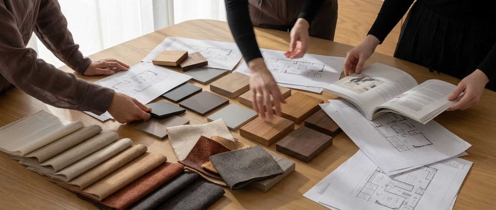 Designers arranging aluminum, teak and performance fabric samples beside floor plans
