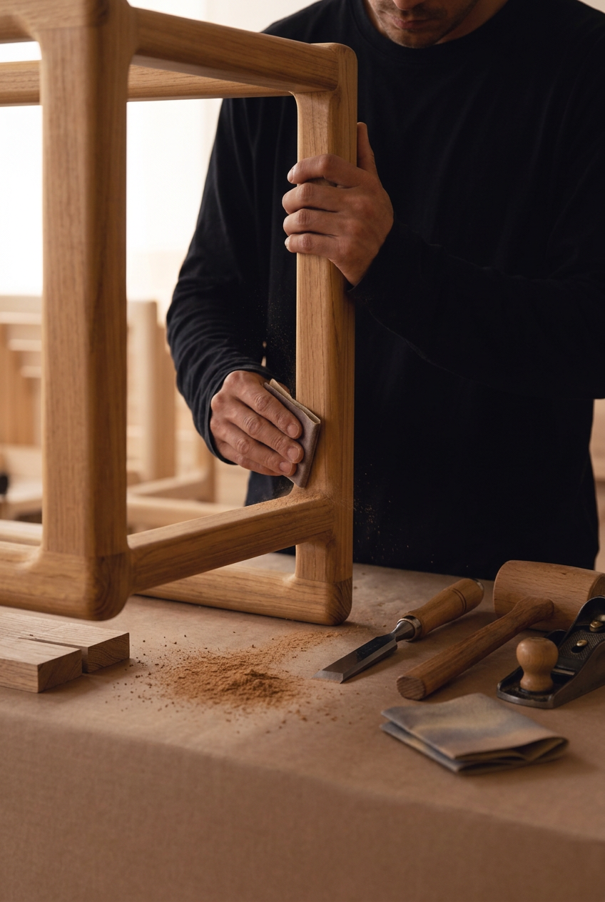 Craftsman hand-sanding a teak furniture frame beside woodworking tools
